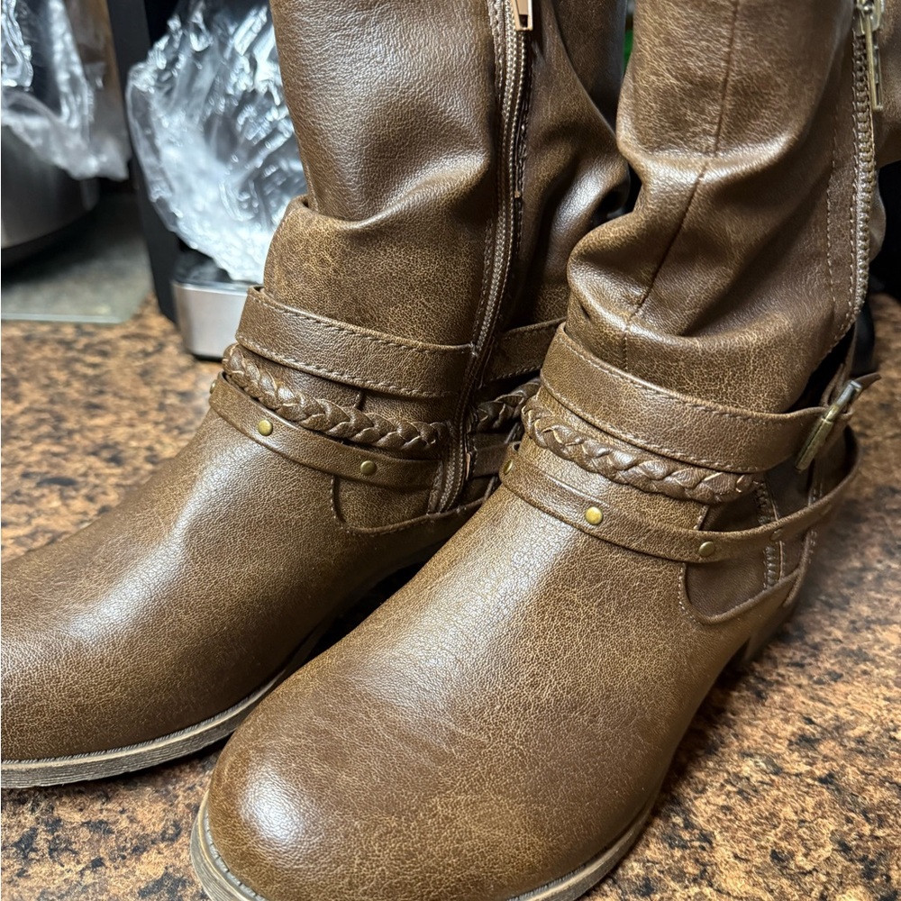 Brown Combat Moto Boots with Distressed Leather and Decorative Strap